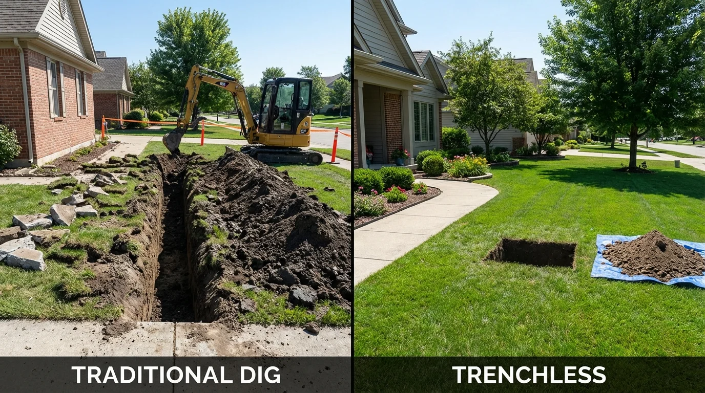 Trenchless sewer repair with minimal yard damage versus traditional excavation in Elburn, IL