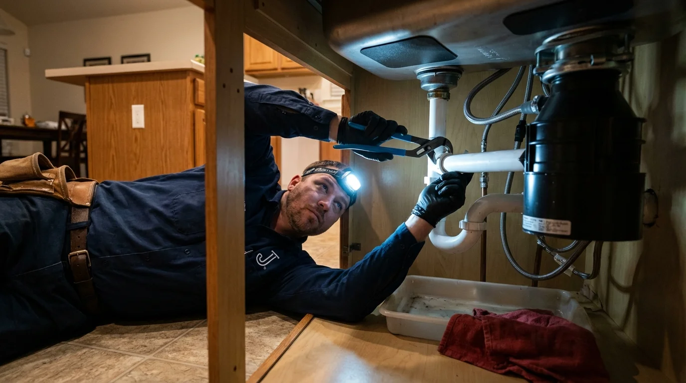 P-trap and supply line connections under a kitchen sink showing a common leak point in Elburn, IL